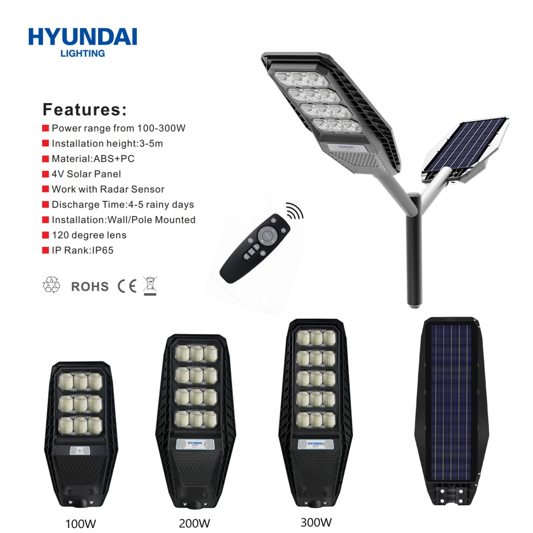 Hyundai Wholesale High Power 100/200/300W Solar LED All-in-One Garden Street Light